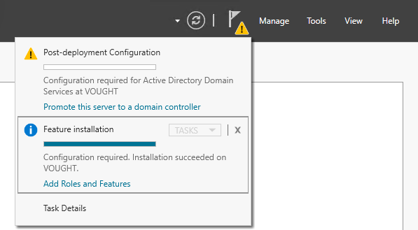 Server Manager showing the yellow flag notification to promote this server to a domain controller